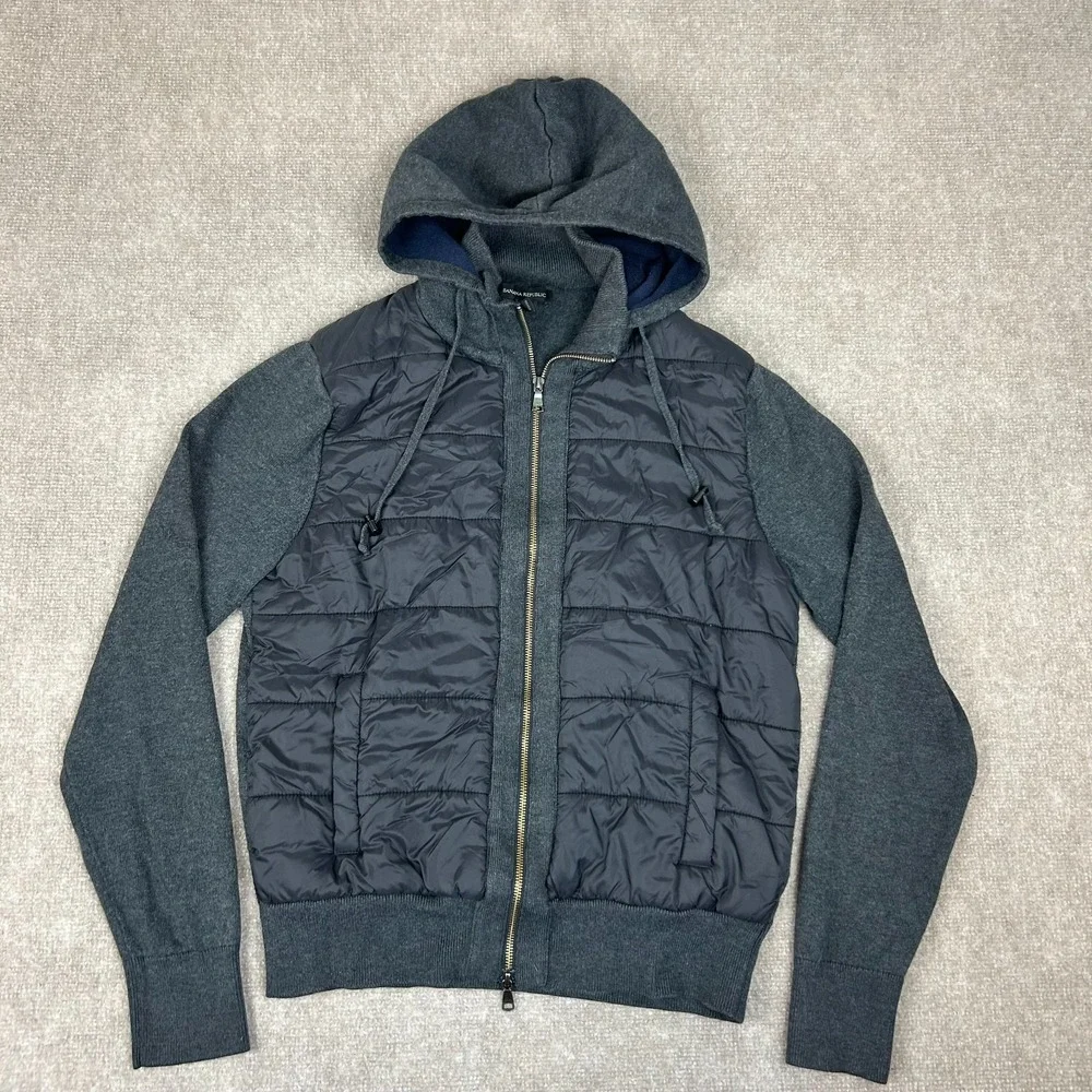 Banana Republic Hybrid Jacket Mens Medium Gray Knit Long Sleeve Hooded Full Zip